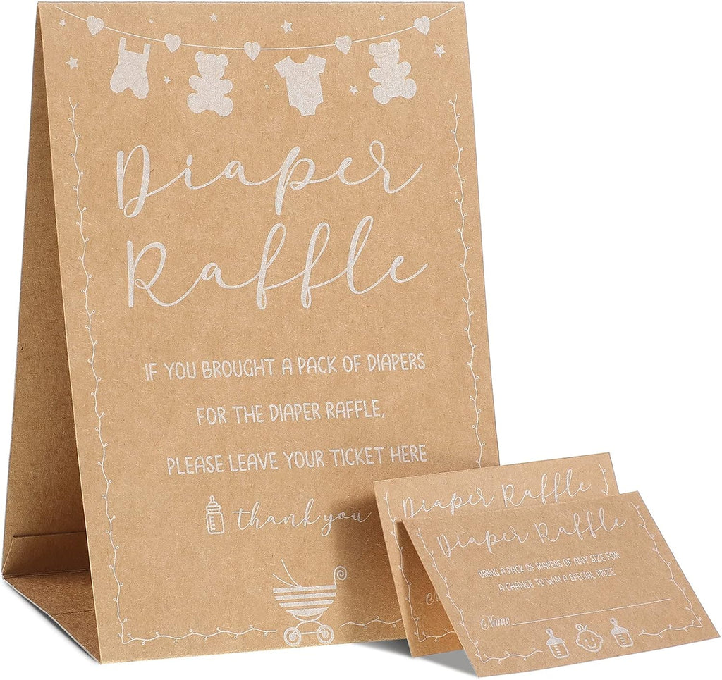 50 Pieces Diaper Raffle Tickets and 1 Sign Baby Shower Games Baby Shower Invitations with Diaper Raffle Cards Kraft Paper Baby Gender Neutral Tickets for Baby Shower Party Favor Decorations Supplies