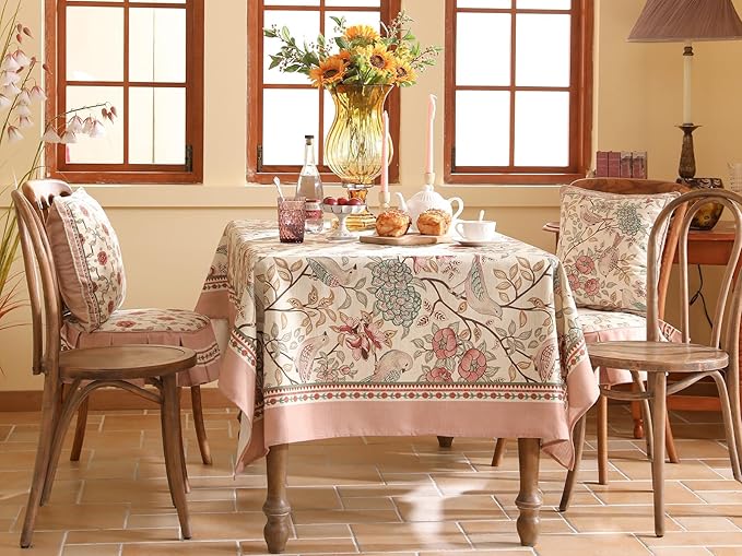 patdrea Designer Pink Linen Table Cloth for Rectangle Table,Vintage Floral with Birds Pattern Decorative Tablcloth,French Table Cover for Kitchen Dining,Thanksgiving,Christmas,63"x94"-Kulom a