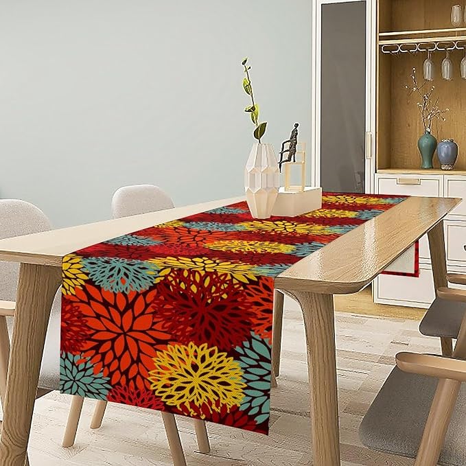 Red Yellow Dahlia Table Runner, Seasonal Autumn Thanksgiving Pattern Print for Home Kitchen Table Decor Dining Coffee Room Party Decor 13x120 Inch
