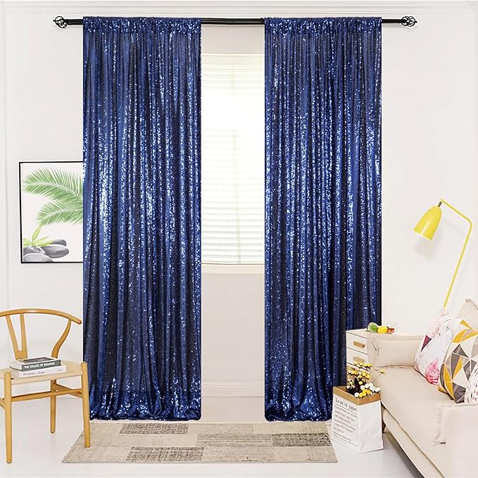 ShinyBeauty 4x10ft Navy Blue Sequin Photo Backdrop – 2 Pack Glitter Curtains for Wedding Photography, Party Decor, Studio Background (High-Reflective Sparkle, Portable & Lightweight)