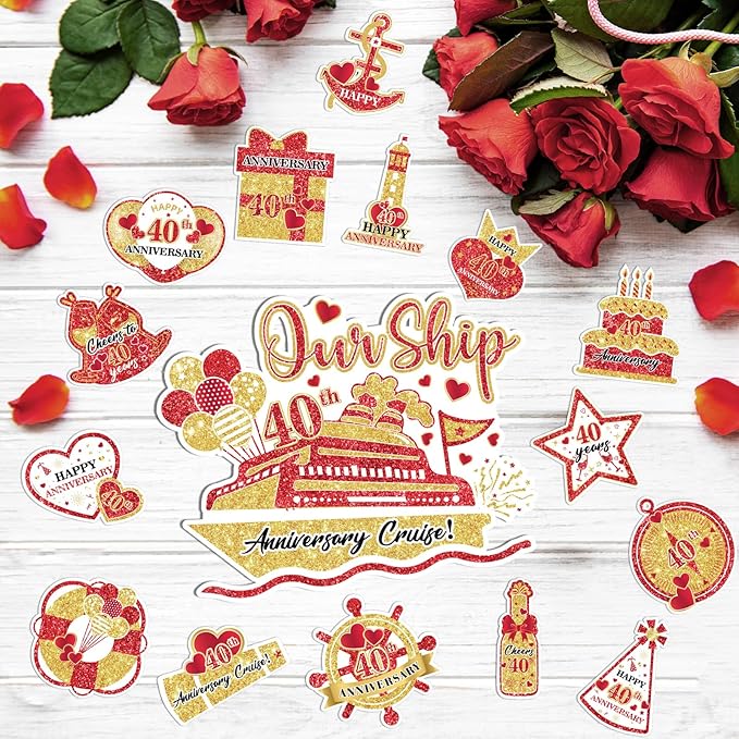 40th Anniversary Cruise Door Magnets Decorations Red Gold Happy 40th Anniversary Cruise Ship Door Decor Magnetic for Married in 1985 Men Women Wedding Party Refrigerator Fridge Car Kitchen Garage