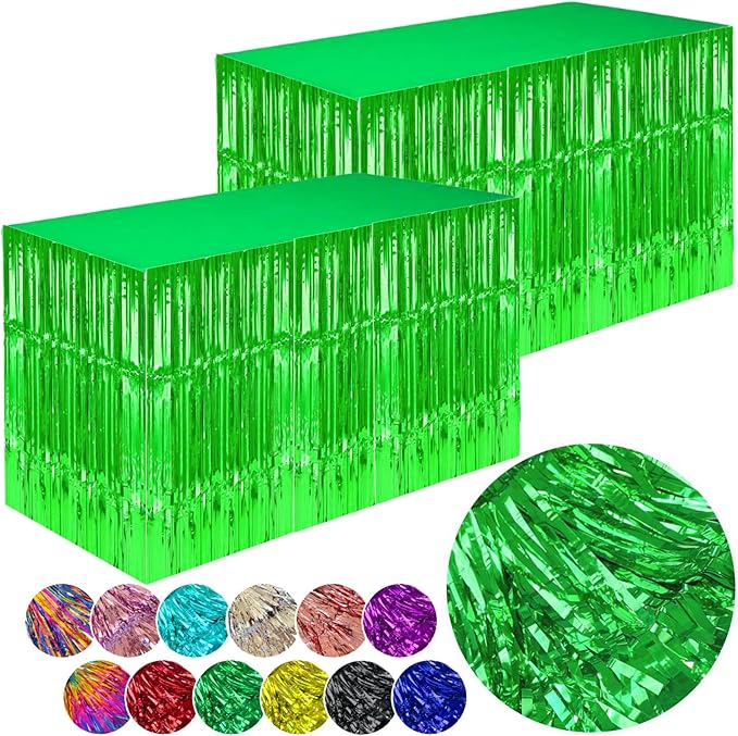 Green Streamers Party Decorations, 2 Packs Green Table Skirts Metallic Foil Fringe Tinsel for Birthday Dinosaur Animal St Patrick's Day Football Mardi Gras Graduation Party Supplies -29x108Inch