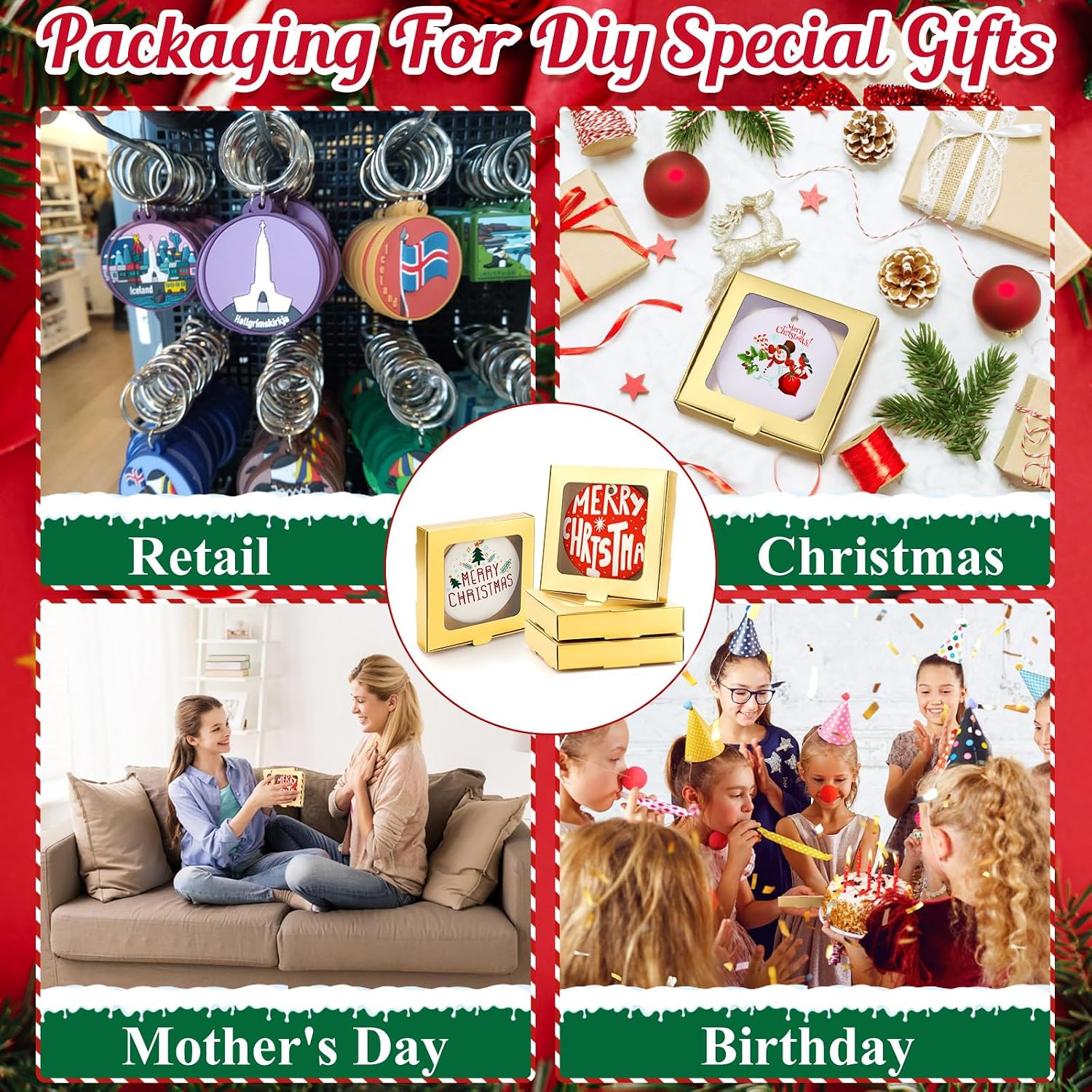 Dunzoom 25 Pcs Sublimation Ornament Blanks Gift Box 3.6"x3.6"x0.7" Christmas Ornaments Holder Ceramic Discs Packaging Box with Window for Personalized Xmas Tree Blanks Bulk (Gold)