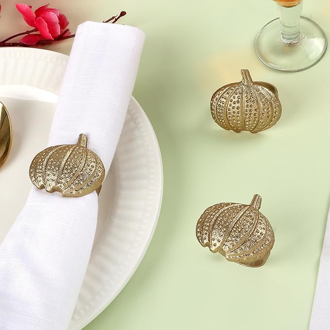 Gold Lightweight Metal Napkin Rings Set of 12 - Pumpkin Elegant Napkin Holders Modern Serviette Buckles Metallic Adornment for Table Settingsfor Thanksgiving, Fall, Halloween & Holiday - CLEENTABLE