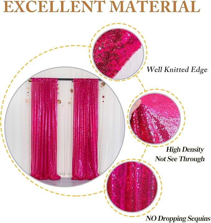 ShinyBeauty Sequin Curtains Panels Hot Pink Sequin Backdrops 4 Pieces Photo Backdrop Shimmer Background for Baby Shower Fuchsia Fabric Curtain New Year,Birthday Party,Holiday Decor (2Ftx8Ft)