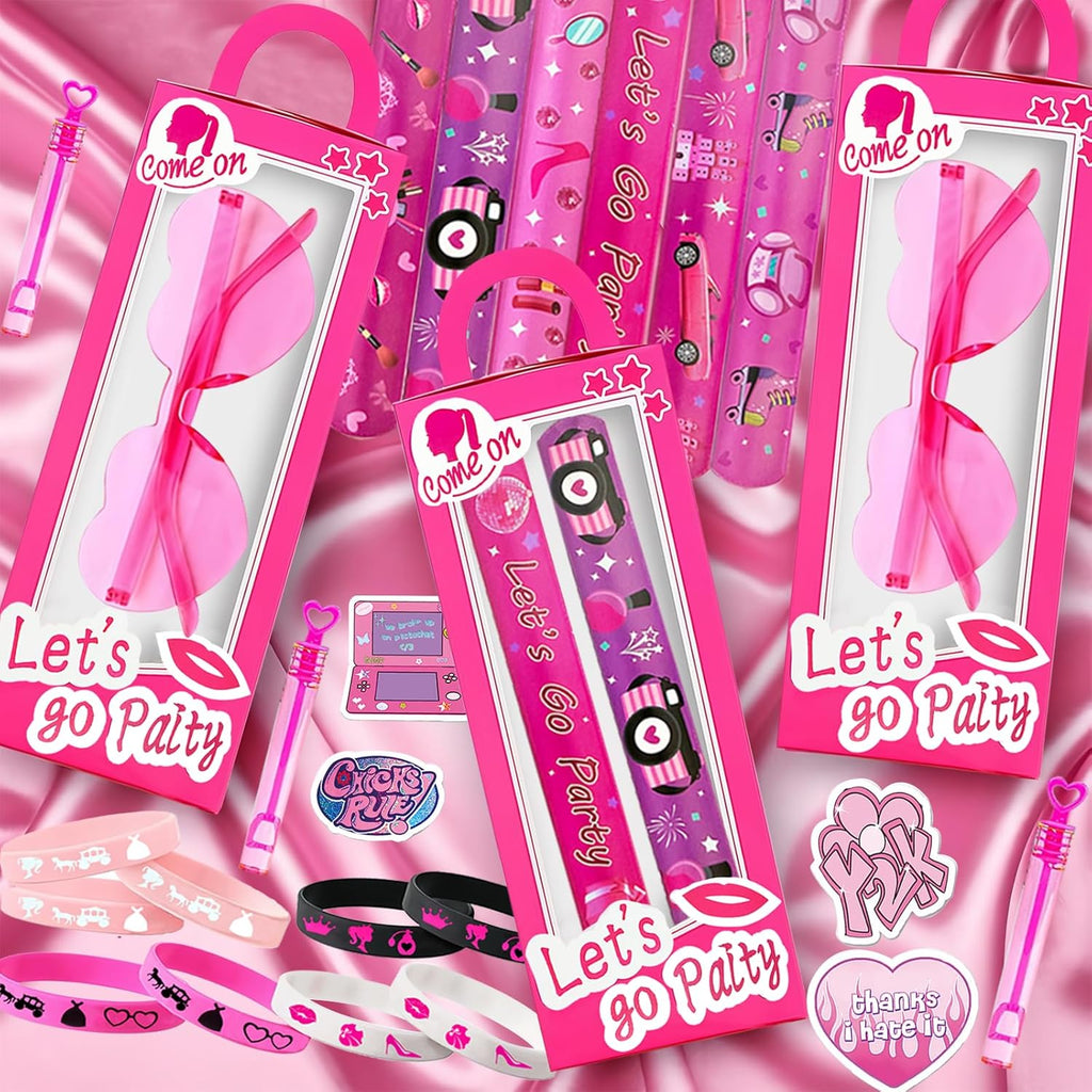 CHSLtmxq 122 PCS Pink Party Favors, Toy Goodie Bag Stuffers, Princess Set | 122pcs pink toy party favors and goodie bag stuffers with gift boxes, glasses, bracelets, straws, wands, and stickers.