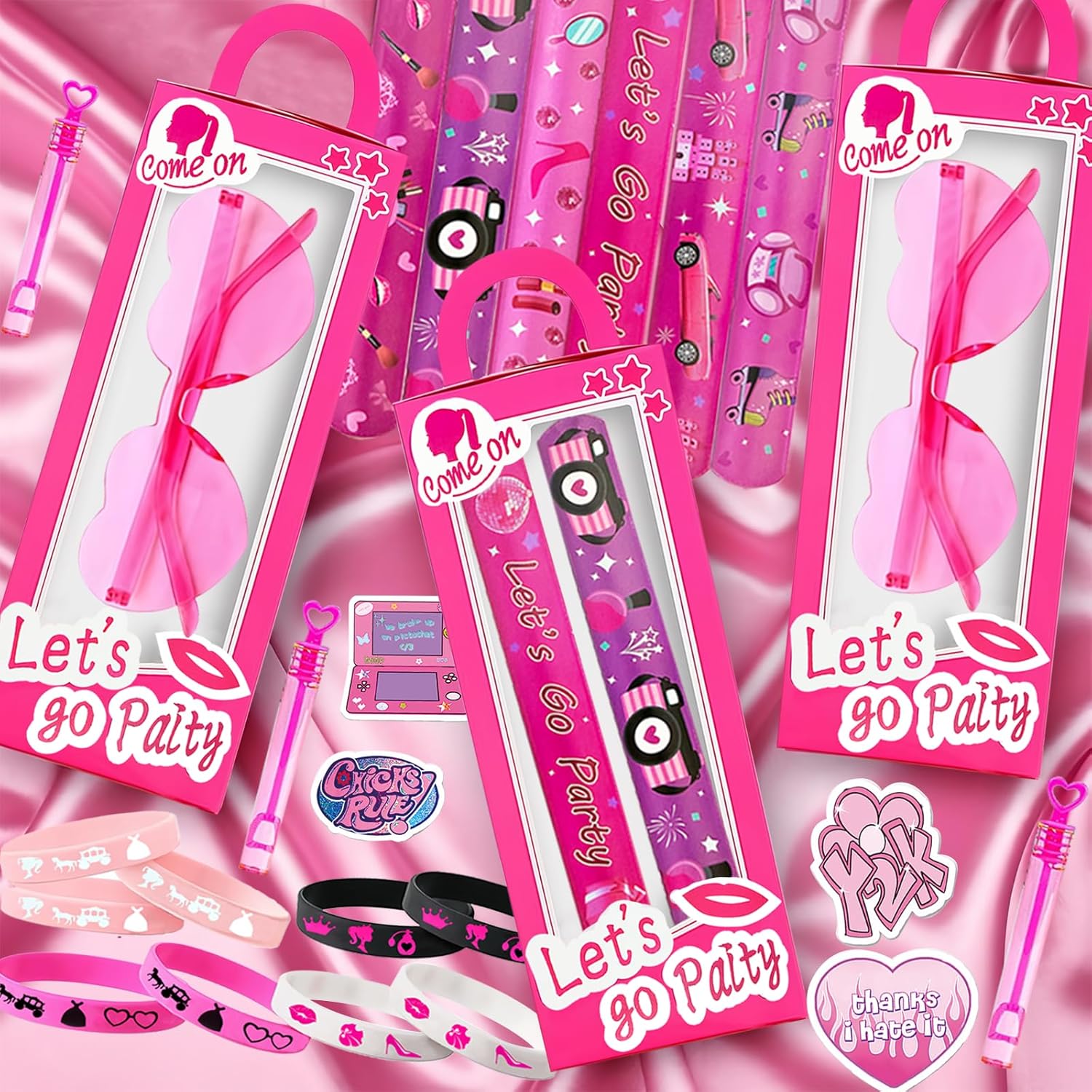 CHSLtmxq 122 PCS Pink Party Favors, Toy Goodie Bag Stuffers, Princess Set | 122pcs pink toy party favors and goodie bag stuffers with gift boxes, glasses, bracelets, straws, wands, and stickers.