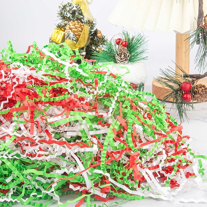 Caleihd Crinkle Cut Paper Grass Cushion Paper Streamer for Christmas Wedding Birthday Bridesmaid Engagement Craft Gift Boxes Bags Filler Decoration 4.5oz Red&Green&White
