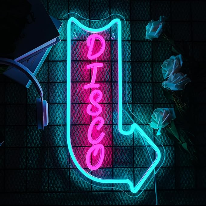 Looklight Disco Neon Signs for Wall Decor Pink Blue LED Word Light Sign Right-Pointing Arrow Neon Light USB Light Up Letters Sign for Disco Lover Music Bar Music Studio Rec Room Bedroom Party Decor