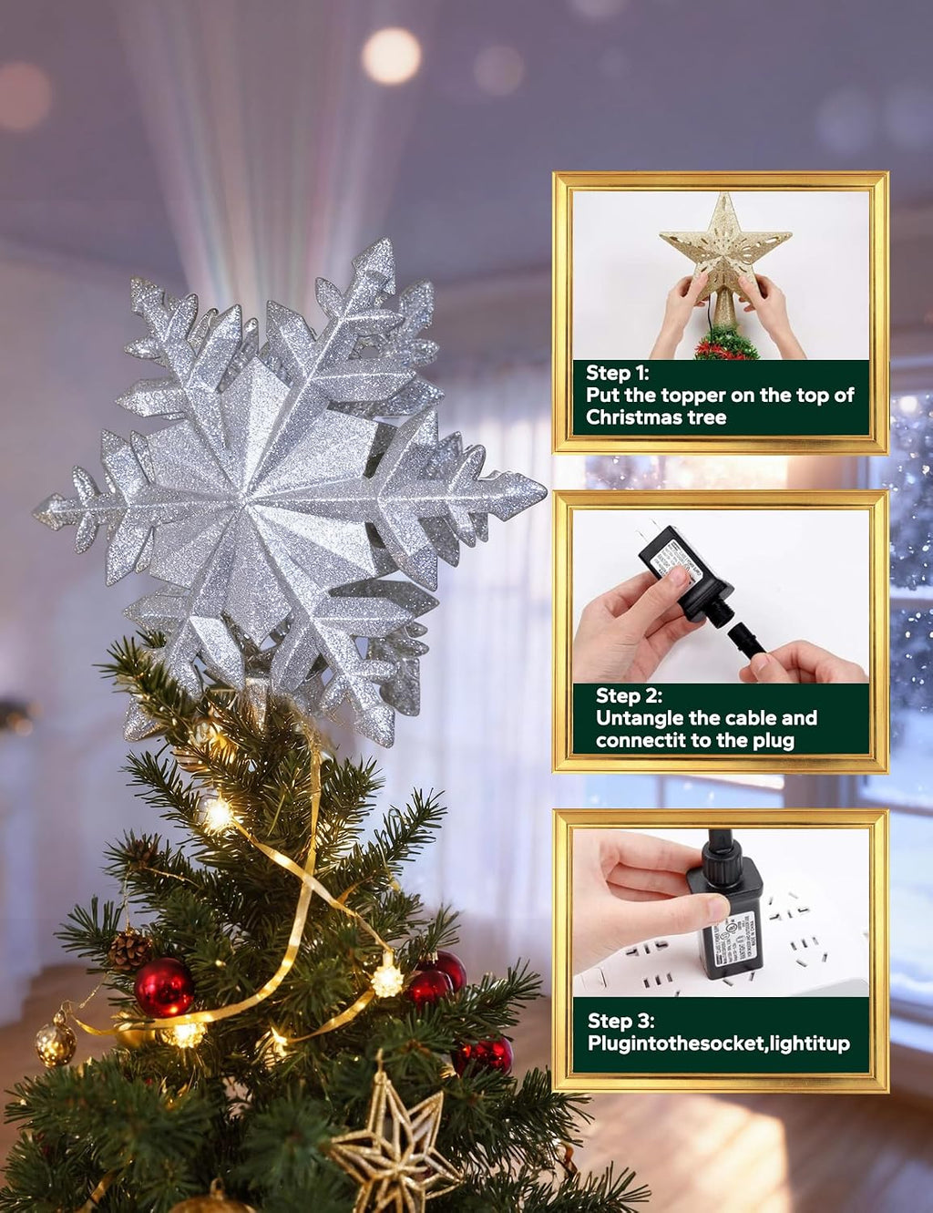 DG-Direct Christmas Tree Topper Lighted with Silver Snowflake Projector, Led Rotating Magic Snowflake, 3D Hollow Glitter Lighted Silver Snow Tree Topper for Christmas Tree Decorations