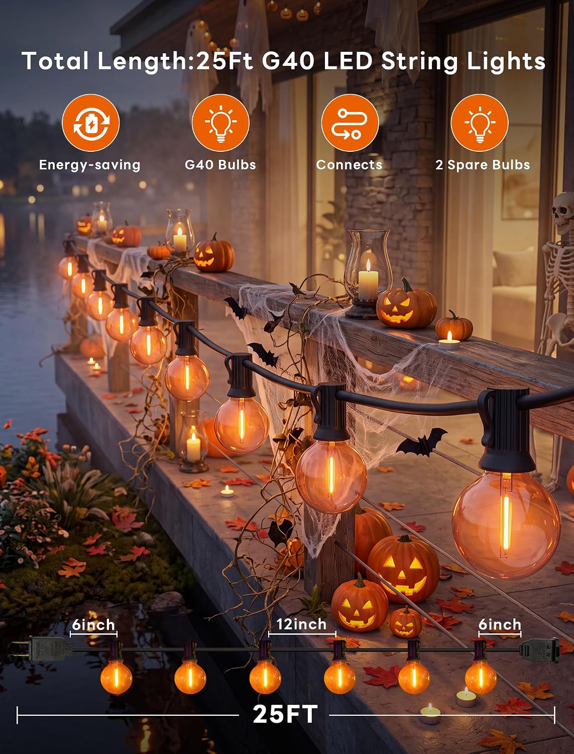 50FT G40 LED Halloween String Lights Outdoor, Orange Halloween Decorative Lig...