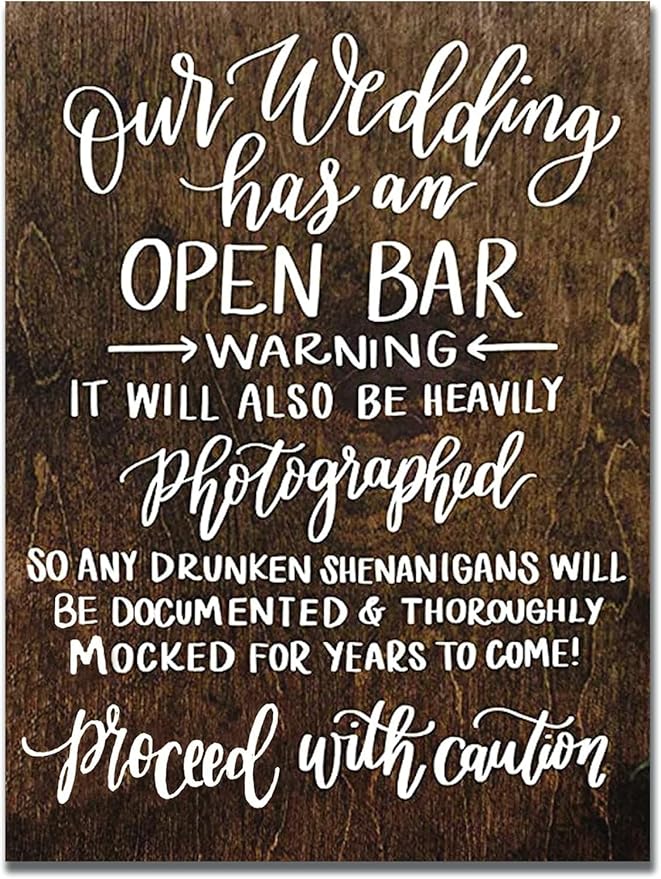 Rustic Wooden Wedding Sign - Open Bar Art Decor for Kitchen, Cafe, Pub - 8x12 INCH