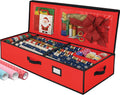 Christmas Wrapping Paper Organizer Storage Box, Straps/Pockets, 40" Heavy-Duty Gift Wrap Storage Holder for Bags, Bows, Tags, Ribbons, Holiday Decorations, Fits Up to 24 Rolls Underbed Container (Red)