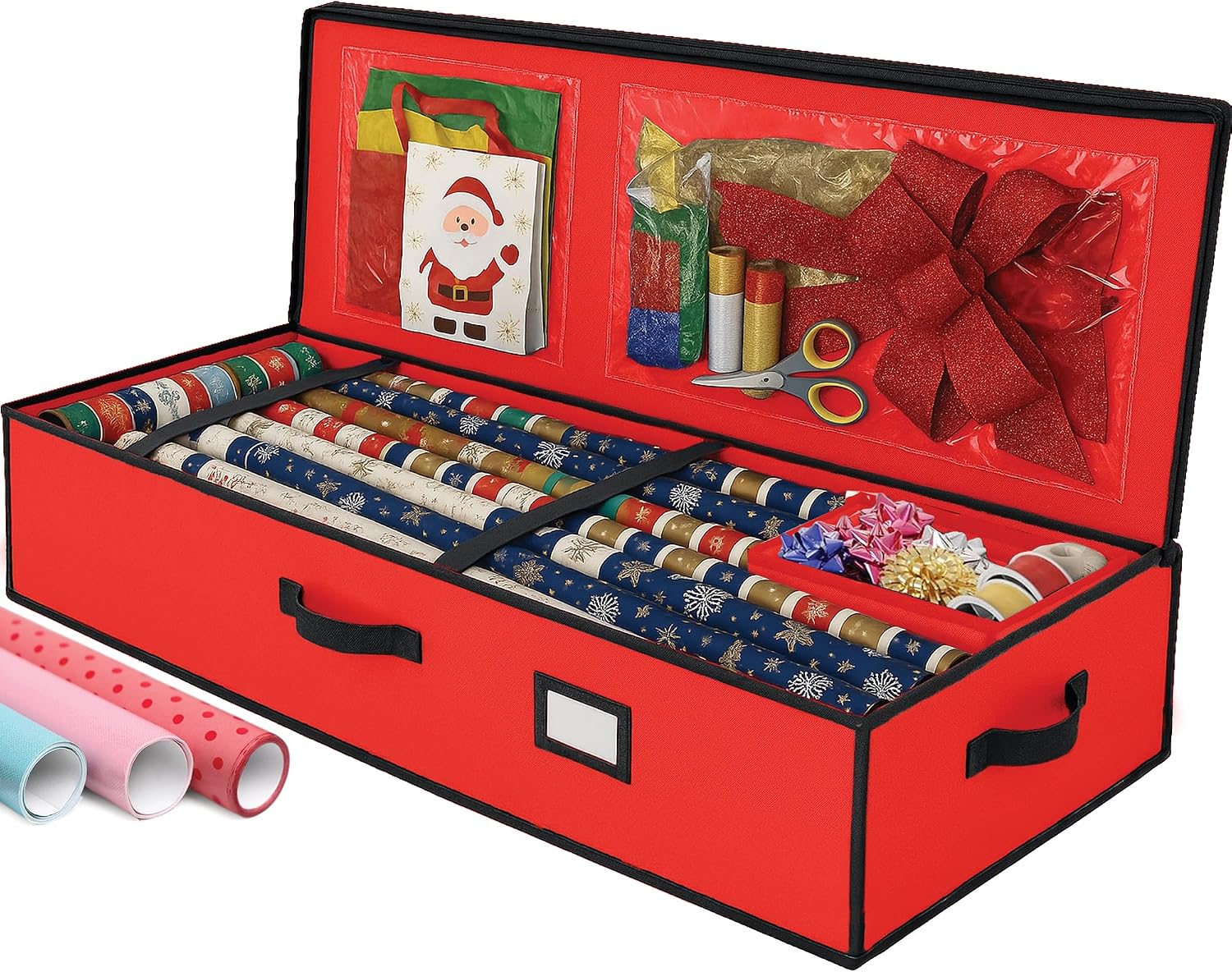 Christmas Wrapping Paper Organizer Storage Box, Straps/Pockets, 40" Heavy-Duty Gift Wrap Storage Holder for Bags, Bows, Tags, Ribbons, Holiday Decorations, Fits Up to 24 Rolls Underbed Container (Red)