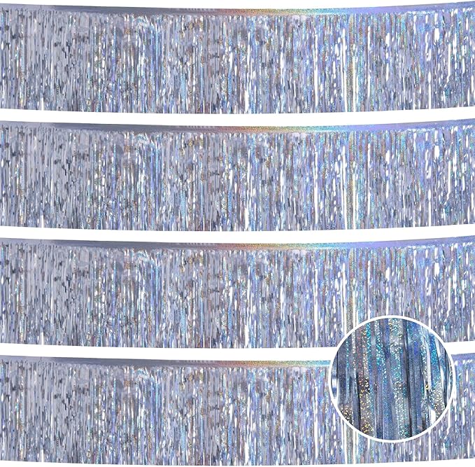 Laser Silver Birthday Decorations Tinsel Garland Parade Float Decorations for Trailer 4Pack 12FT Christmas Party Decor Ceiling Fringe Banner Silver Backdrop for Streamers Party Decorations