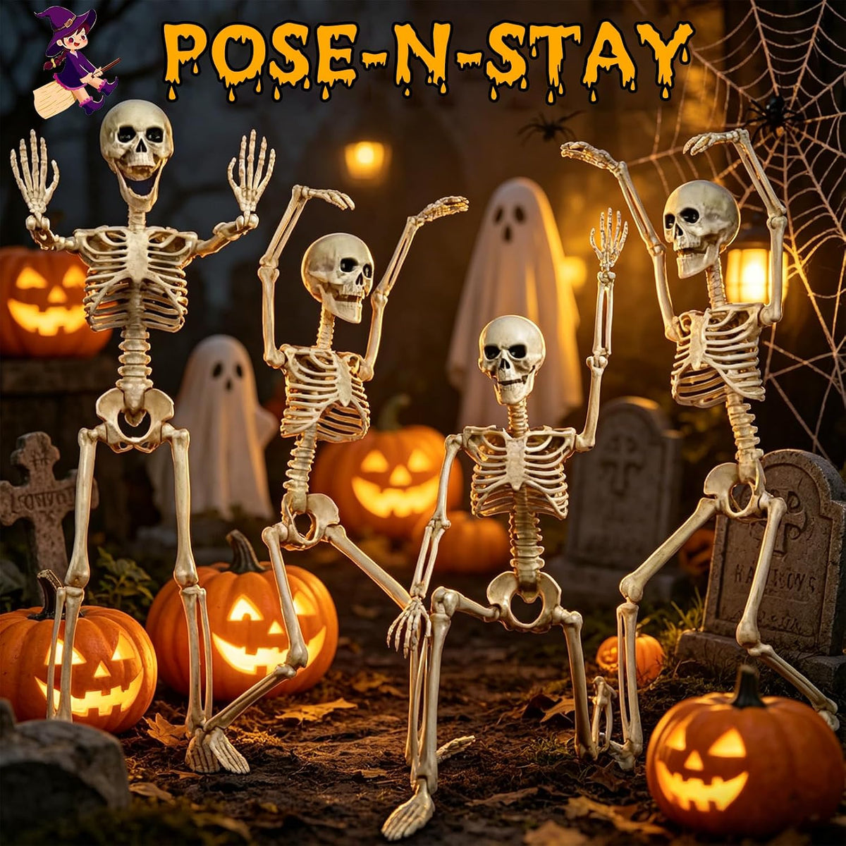 40" pose-n-stay halloween skeletons, life-size full body realistic on a desk or shelf