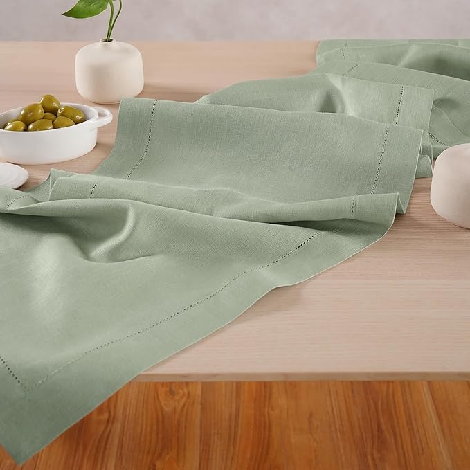 Linen Table Runner 14 x 120 Inch Long - 100% Pure Linen Christmas Sage Green Table Runner - Cloth Fabric Hemstitch Runner for Thanksgiving, Christmas, Winter, New Year - Elara