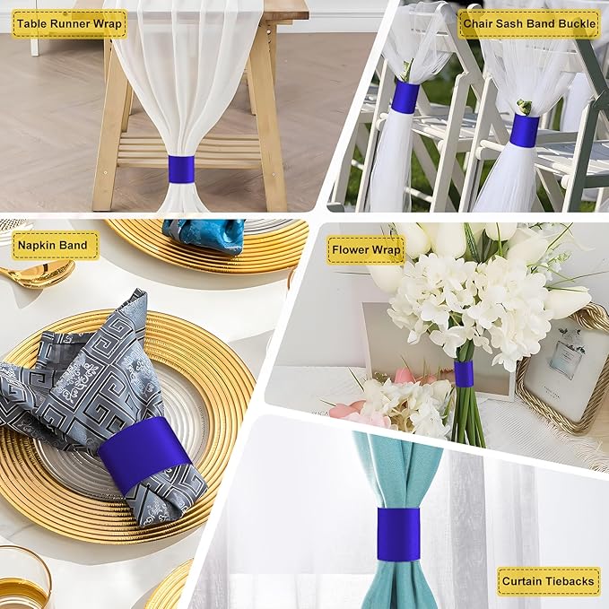 Polymer Material Reusable Napkin Band, Glue-Free Tear-Proof Water Resistant Oil-Proof Napkin Bands Set of 100(Front Blue Color and Back White), 6 Adjustable Sizes Napkin Rings