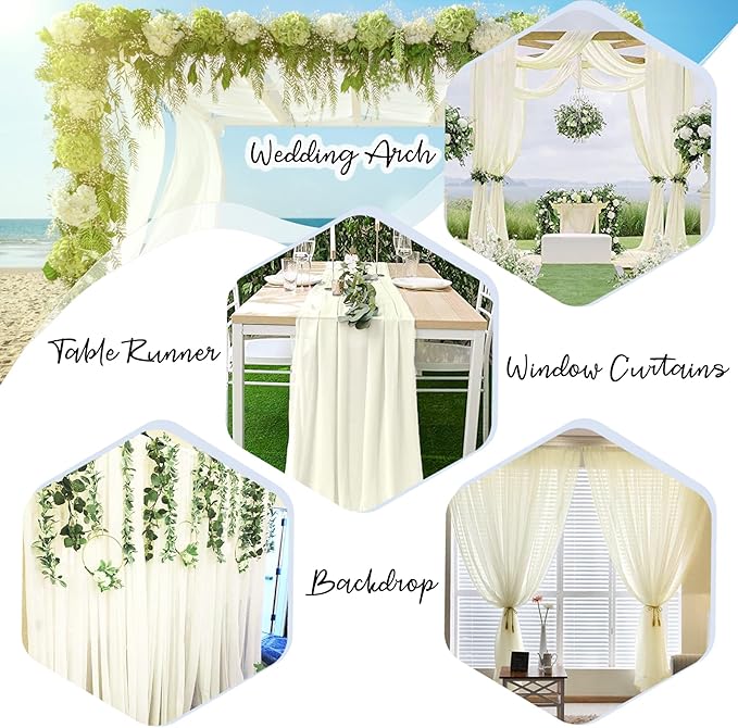 PARTISKY 10ftx7ft Ivory Chiffon Backdrop Curtains, Wrinkle-Free Sheer Fabric Photo Drapes for Wedding Ceremony Arch Birthday Baby Shower Photography Stage Decor 5ft x 7ft, 2 Panel