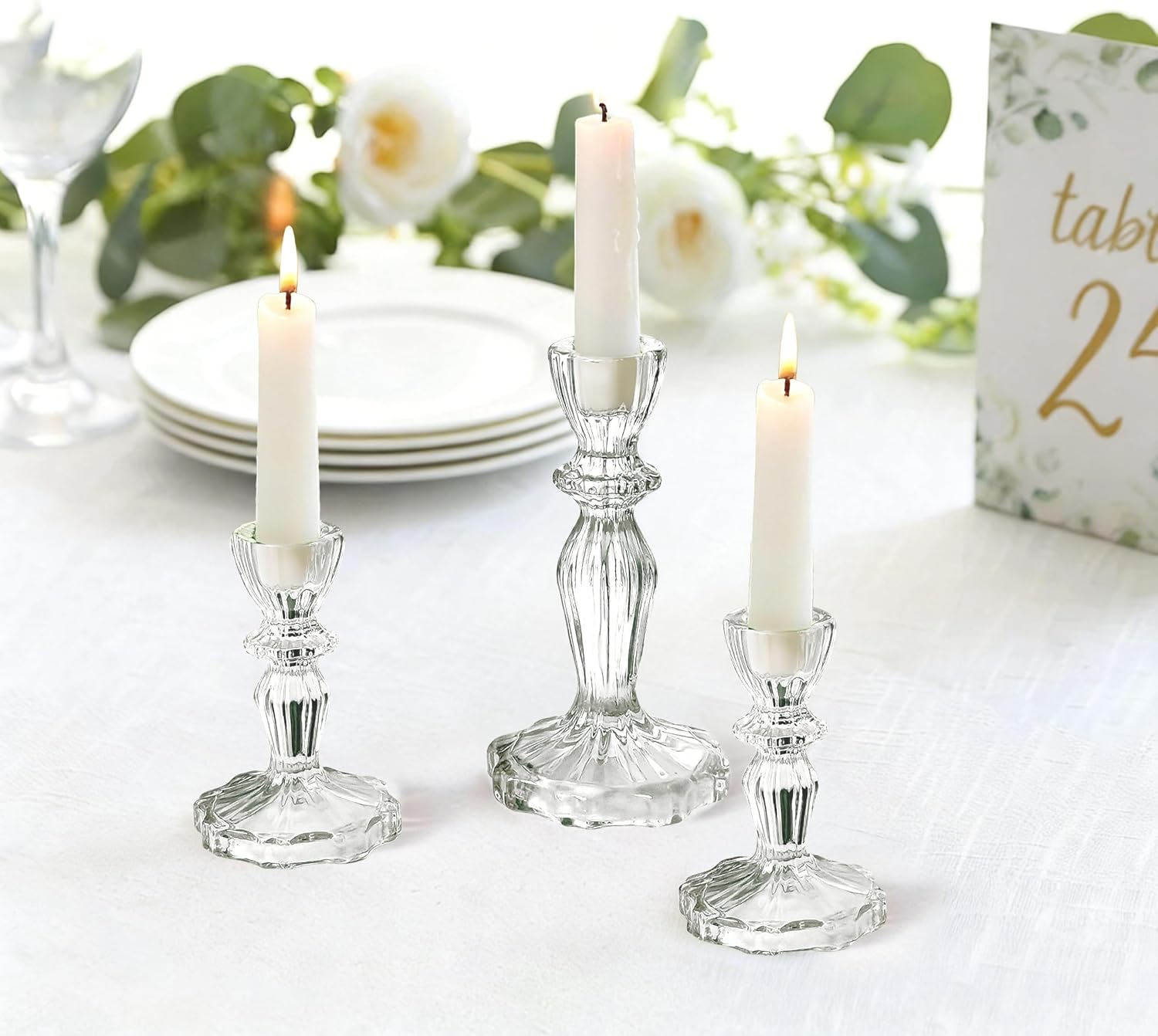 Glass Candlestick Holders Set of 6, Clear Stripe Taper Candle Holders for Table Centerpiece, Home Decorations, Wedding and Party