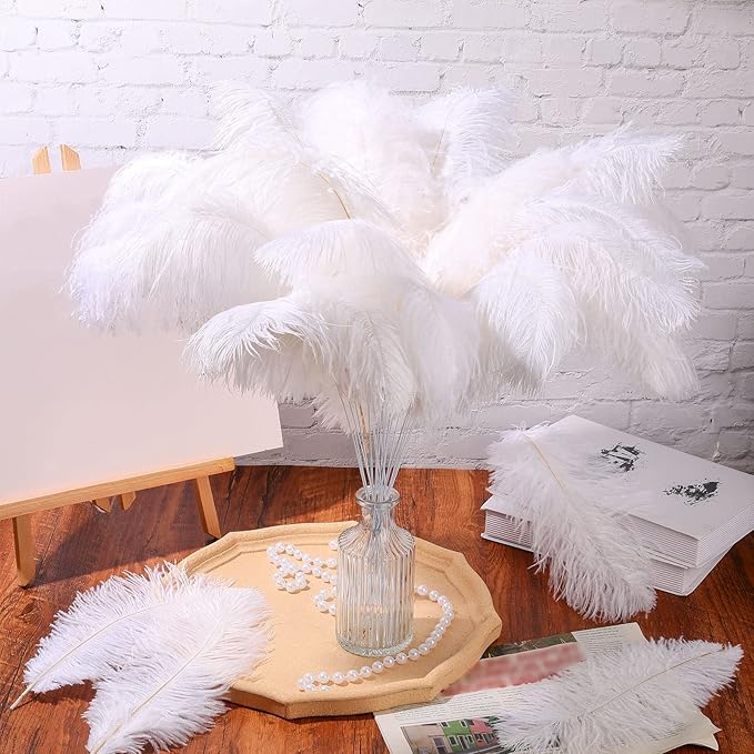 Hanaive 150 Pcs Ostrich Feathers Set Bulk Plumes 12-14 Inch (30-35cm) 70 Pcs Large Ostrich Feathers with 80 Sticks and Tape for DIY Crafts Wedding Home Party Centerpiece Decorations(White)