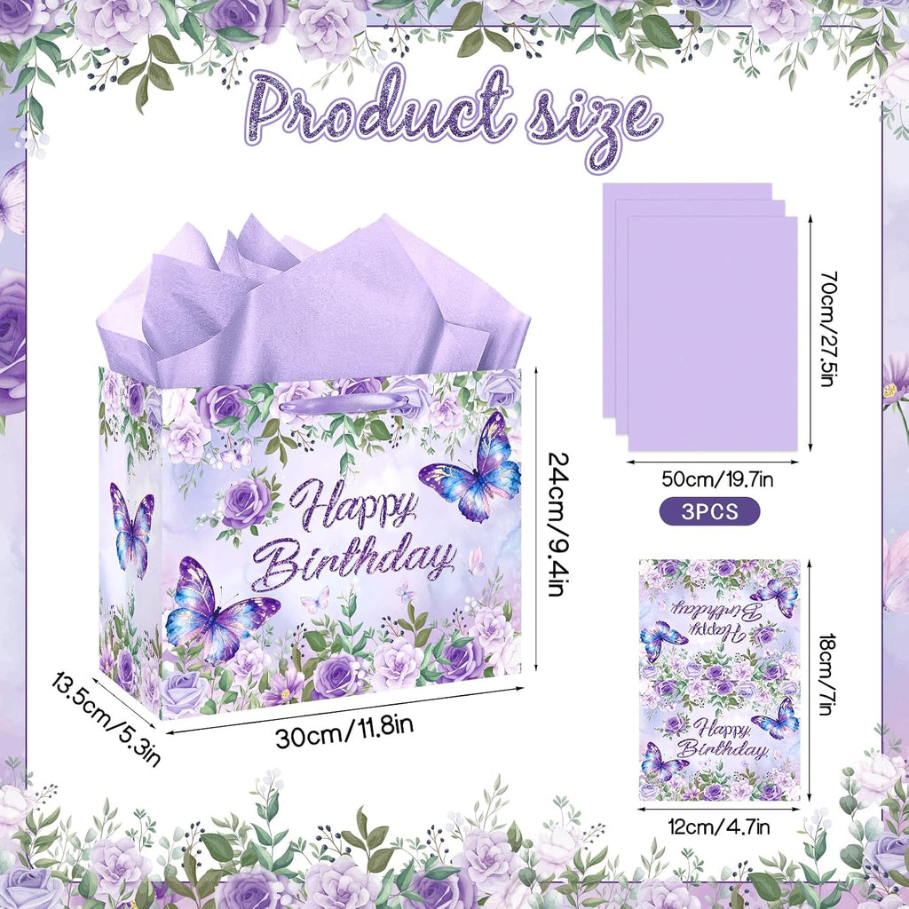 LUUFILx Butterfly Birthday Gift Bag for Girls Women Butterfly Flower Party Favor Bags with Wrapping Paper Card Purple Pink Floral Gift Bag for Baby Shower Birthday Decorations Party Supplies (Floral)