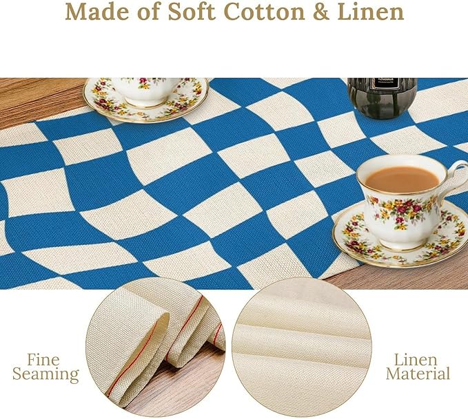 Table Flag Retro Plaid 60s70s Blue Plaid Table Flag Kitchen Restaurant Decoration Suitable for Indoor and Outdoor Festival Home Wedding Party Table Flag 13x90