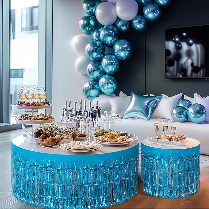 4 Pack Lake Blue Table Skirts, 29x108" Metallic Foil Tinsel Fringe Table Skirts for Rectangle Tables Streamer Curtains Backdrop, Party Decorations for Birthdays Weddings Holidays