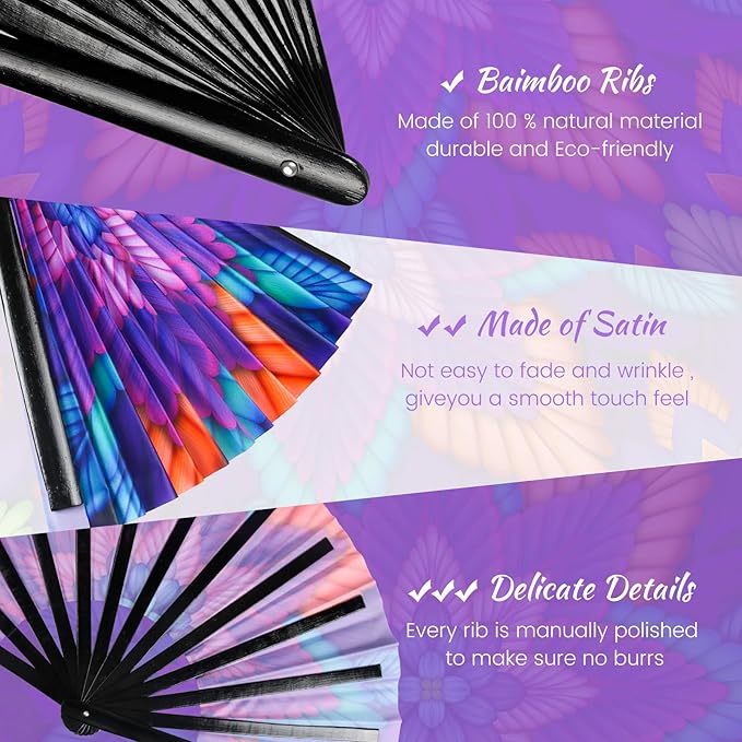 SYNTECSO Folding Hand Fan for Rave, UV Glow Fan, Large Bamboo Fan for Drag Queen, Women and Men Gift，Chinese Japanese Clack Fan for Parties, Music Festivals, EDM and Decoration