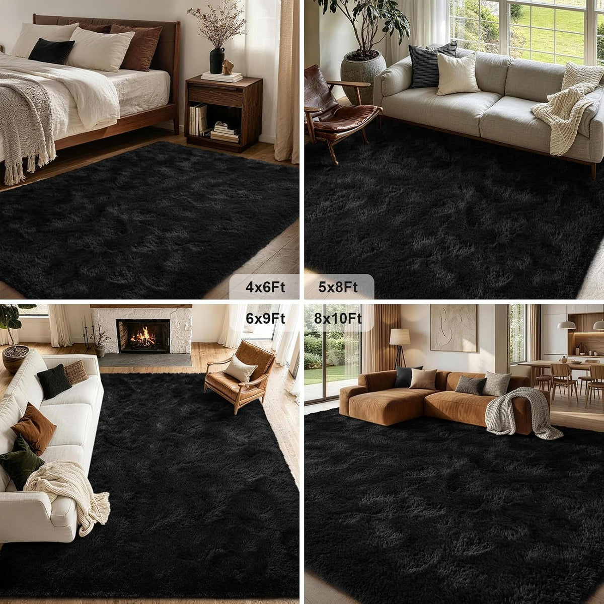 FinRèc Home 8x10 Non-Slip Fluffy Area Rugs for Living Room (Black)