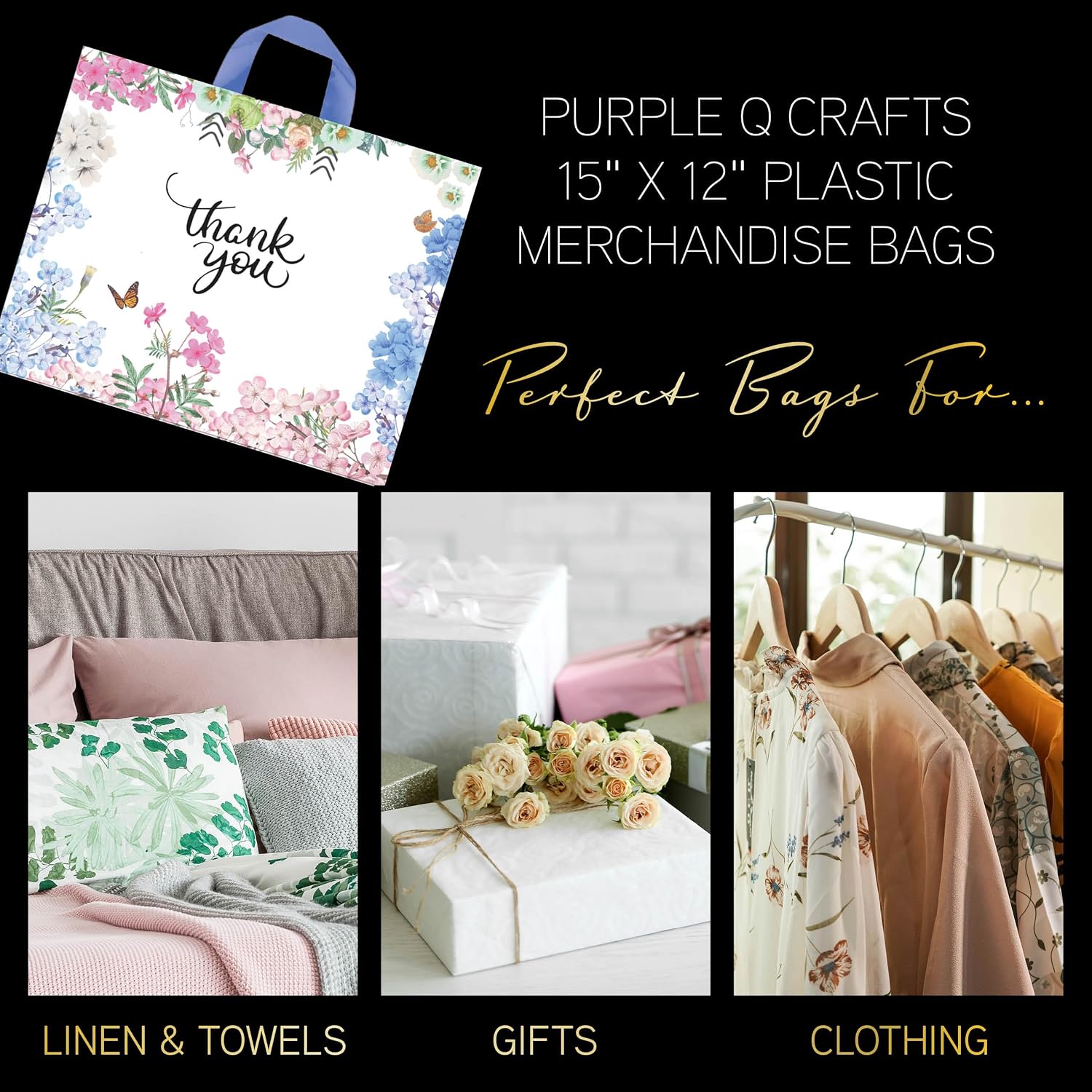 Purple Q Crafts Thank You Bags With Soft Loop Handle for Business Retail, Boutique Bulk 50 Pack 15" W x 12" H Floral Plastic Shopping Bags/Gift Bags Perfect For Mothers Day