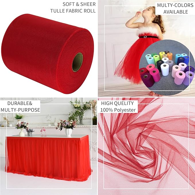 Red Tulle Fabric Rolls 6 Inch by 200 Yards (600 feet) Fabric Spool Tulle Ribbon for Christmas Gift Wrapping DIY Red Tutu Bow Baby Shower Birthday Party Wedding Decorations Craft Supplies