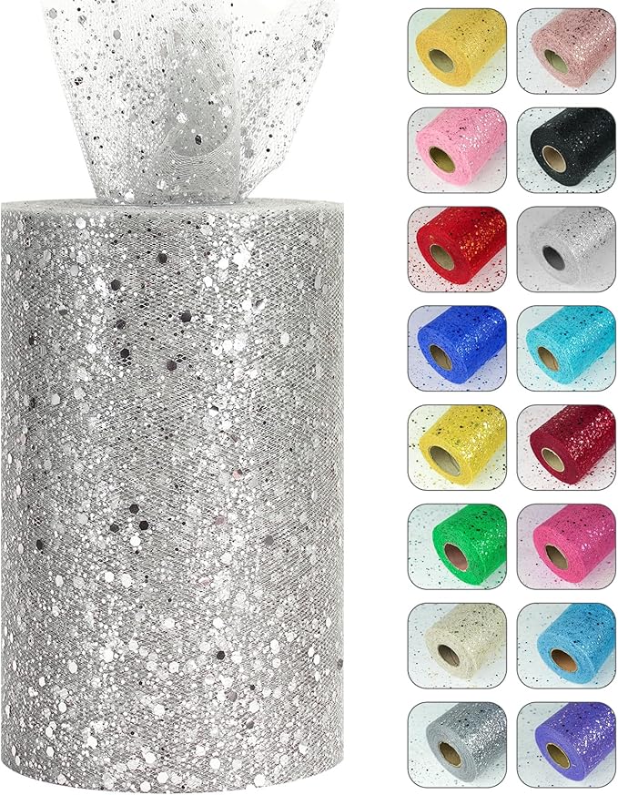 Glitter Tulle Rolls, 6” by 50 Yards (150FT) Sparkling Tulle Spool Ribbon Sequin Tulle Netting Fabric for Tutu Skirt Wedding Birthday Baby Shower (Silver)