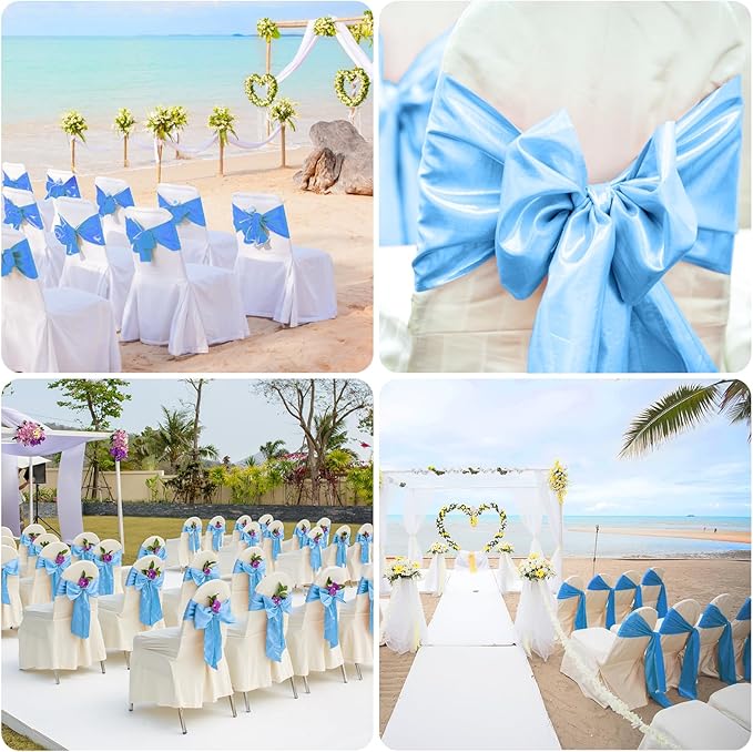 10 PCS Baby Blue Satin Chair Sashes Bows Universal Chair Ribbon Ties Back Sash for Wedding Party Reception Events Banquets Hotel Event Chair Cover Decoration (7x108 inch)