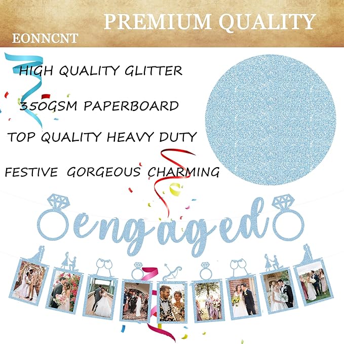 Pre-Strung Engaged Photo Banner - Light Blue Glitter Engagement Party Decoration Supplies with Romantic Memories Picture Card Frames for Bachelorette, Bridal Shower, Wedding Party Photo Booth Props