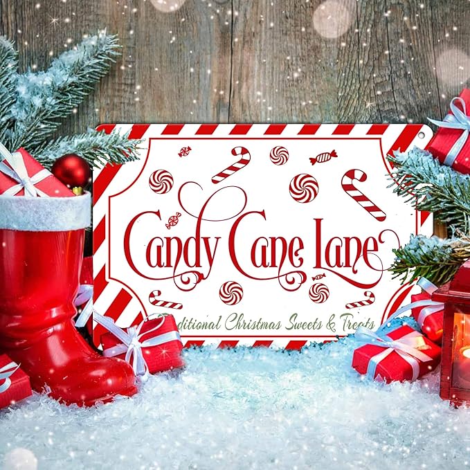 Christmas Candy Cane Lane Metal Tin Sign Traditional Christmas Sweets and Treats Winter Sign for Home Living Room Outdoor or Indoor Wall Decor Gift Christmas Candy Cane Lollipop 12x16Inch