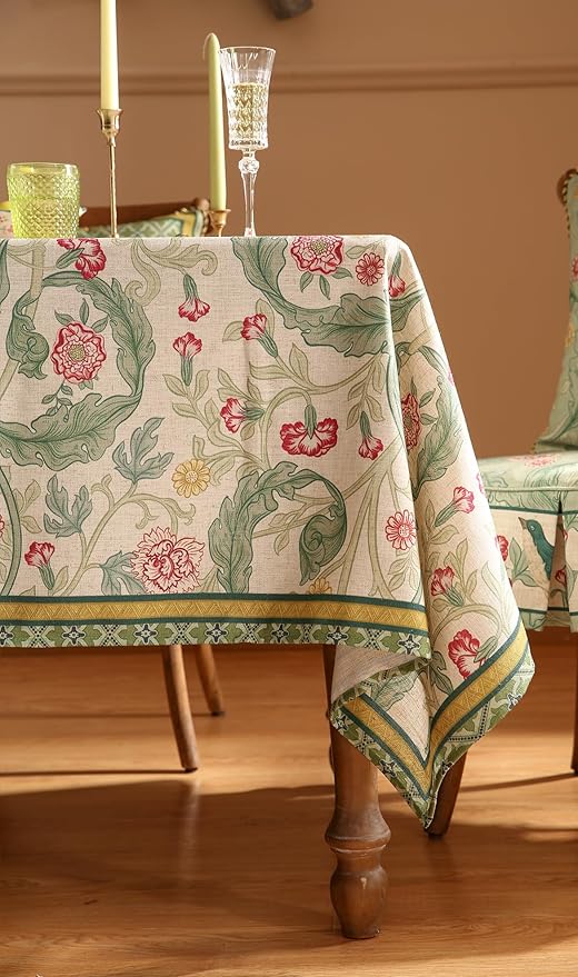 patdrea Designer Green Extra Long Table Cloth for Rectangle Table,Vintage Linen Leaves Pattern Tablecloth,Floral Cover Decor for Kitchen Dining Christmas,Thanksgiving,Tea Party,63"x110"-Cecilia a