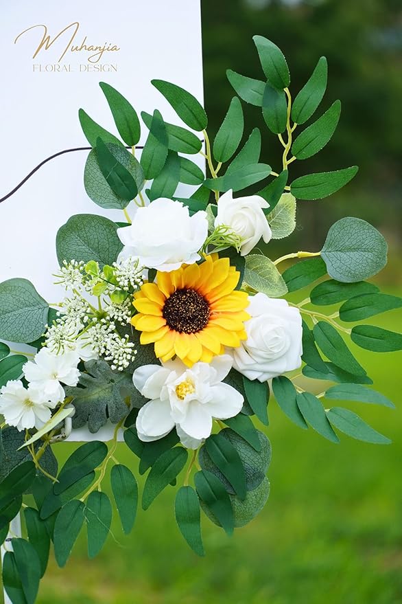 Wedding Sign Faux Flower Swag (Pack of 2) for Ceremony Party Reception Entrance Floral Decor Wall Easel Stand for Wedding Poster Welcome Sign(Sunflower)
