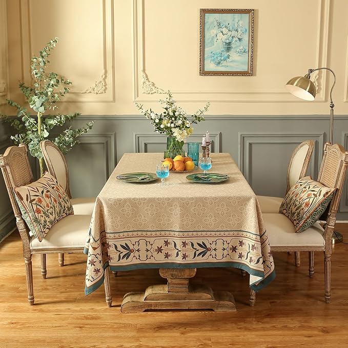 patdrea Designer French Rectangular Tablecloth,Beige Anti-Wrinkle Durable Floral Farmhouse Table Cloth,Decor Tables Covers for Kitchen Dining,Tea Party,Christmas,Thanksgiving,55"x79"-Fram