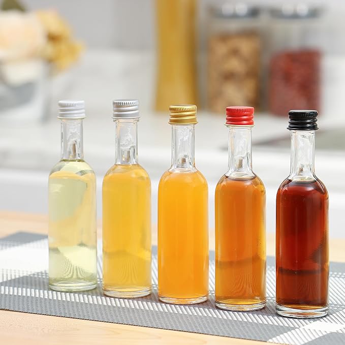 50 ml Mini Liquor Bottle Glass With Aluminum Lid and Heat Shrink 24 Pack (White Caps) for Liquor Sauce party Favor Beverage
