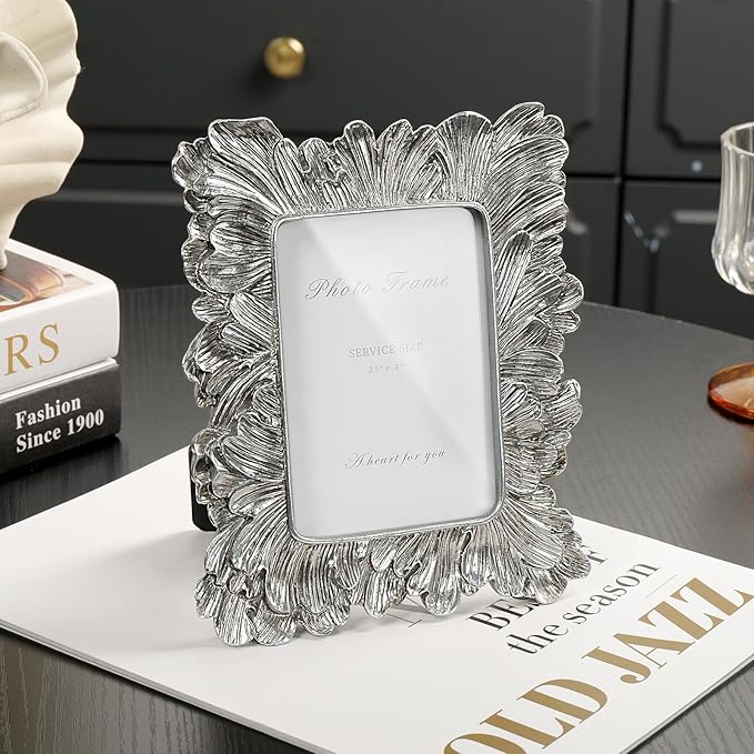Silver 3x5 Picture Frame, Vintage Silver Palm Leaves Textured Hand-Crafted Resin with Glass Front, Small Frames Elegant Retro Rustic Design for Wall and Tabletop Display Home Decor