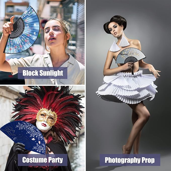 WEARXI Handheld Fan, 4 PCS Hand Fan, Chinese Folding Fan for Women Foldable, Silk Bamboo Hand Held Fan, Paper Hand Fan