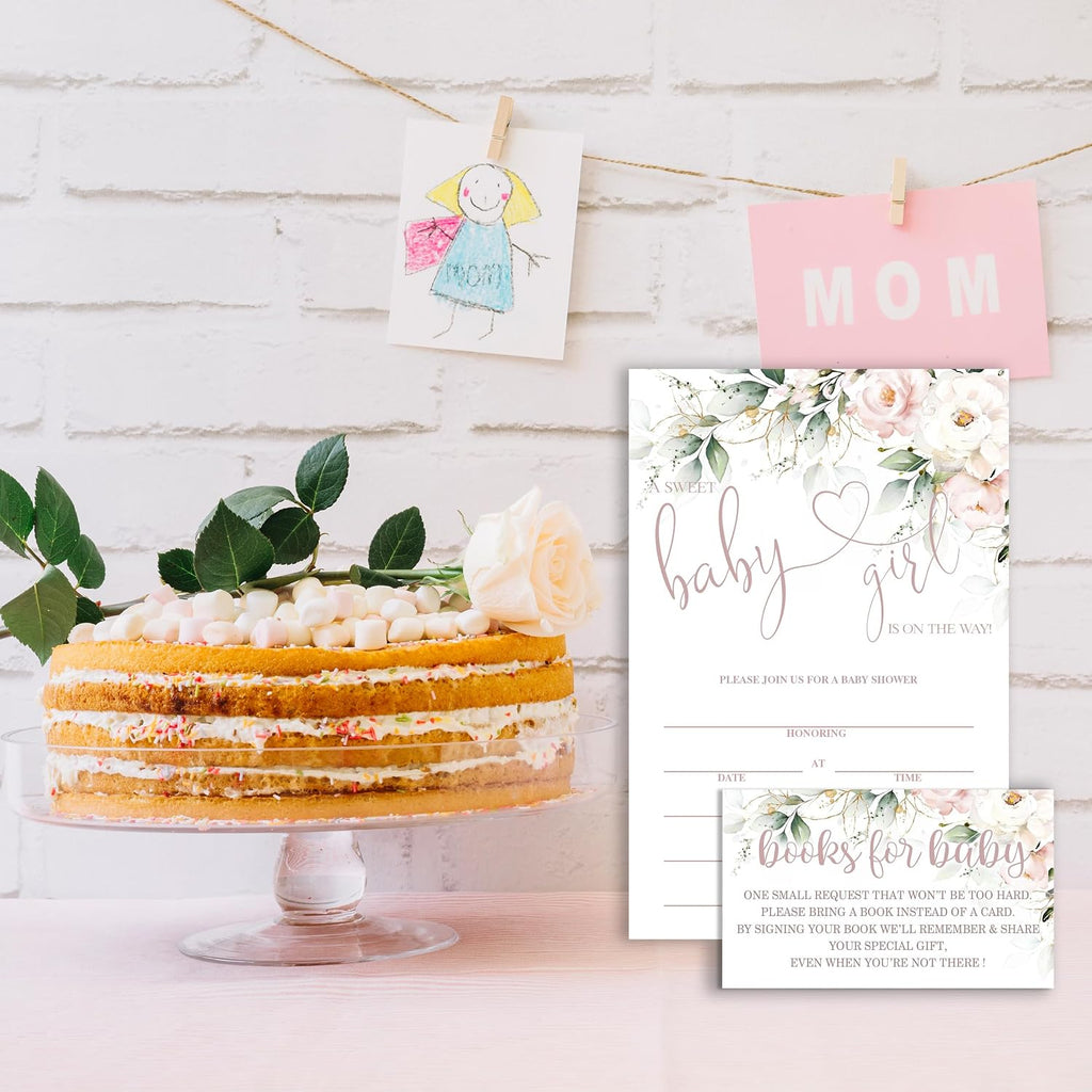 Set of 25 Baby Shower Invitations with Envelopes, Diaper Raffle Tickets and Baby Shower Book Request Cards, Floral flower