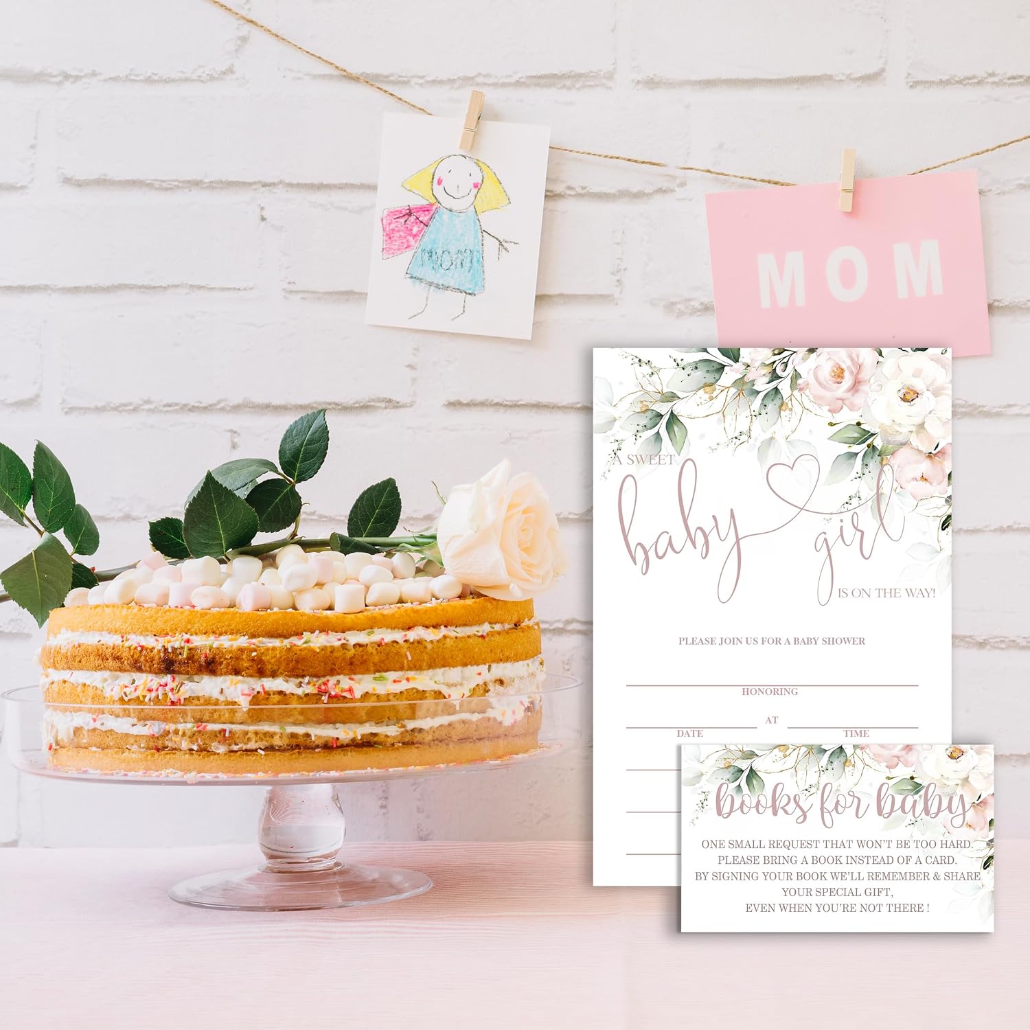 Set of 25 Baby Shower Invitations with Envelopes, Diaper Raffle Tickets and Baby Shower Book Request Cards, Floral flower