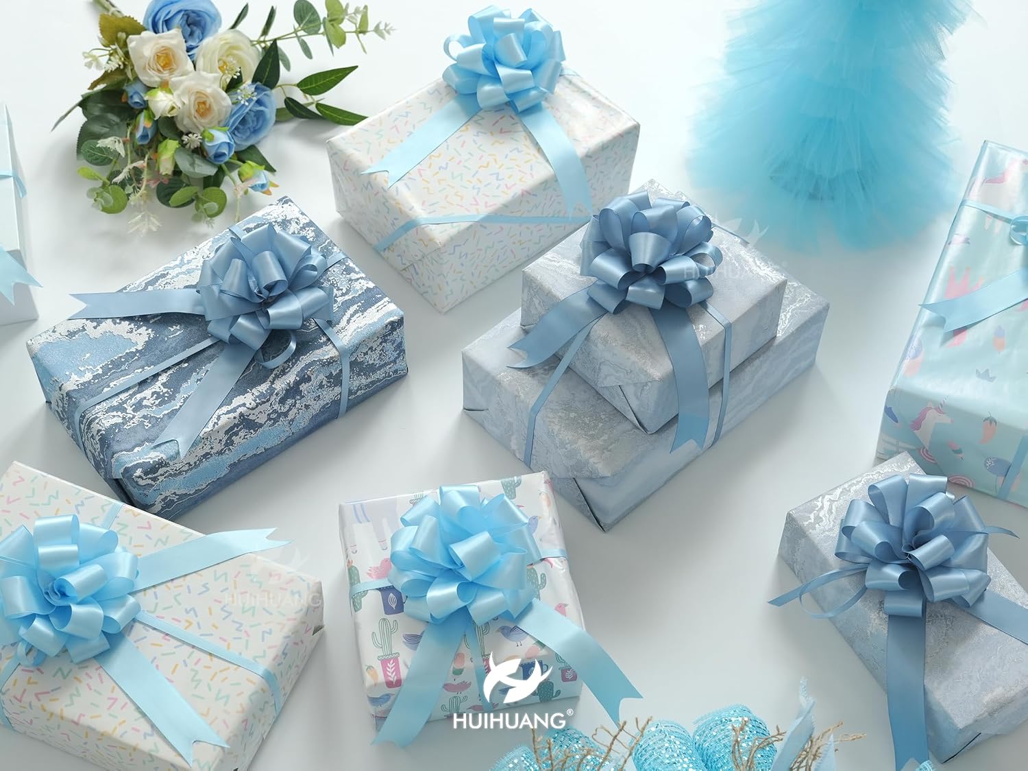 HUIHUANG Dusty Blue Pull Bows 4"x8" Blue Satin Gift Bow for Gift Wrapping, Presents, Gift Basket, Paper Bag, Baby Shower Favors, Wrapping Accessories, Wedding Bridal Shower Decor, 12 PCS
