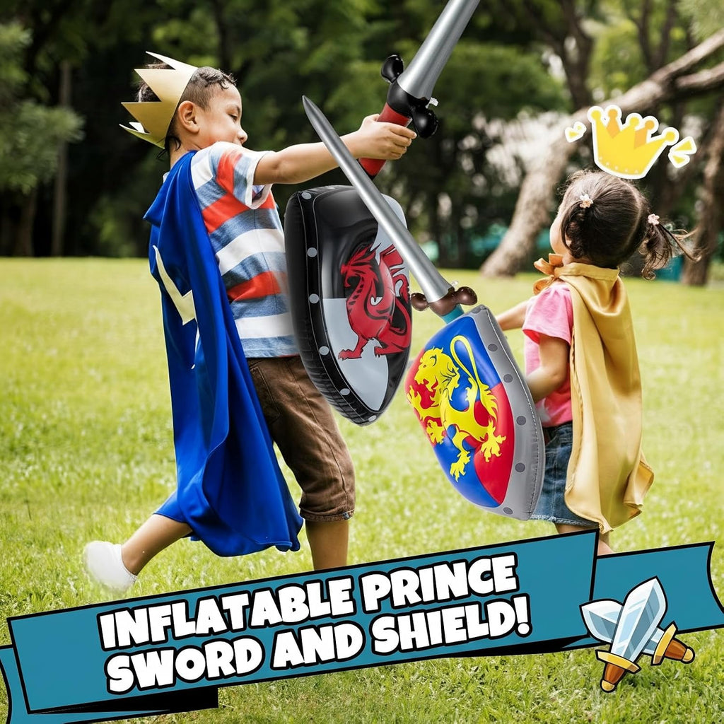 Poen 12 Pcs Inflatable Sword and Shield Knight Party Favors Set Blow up Medieval Sword Shield for Prince Party Favors Decorations Cosplay Accessories (Lion,Dragon)