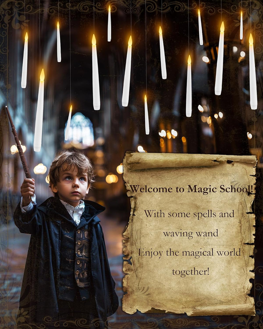 Raycare 20 Pcs Floating Candles with Wand, Hanging Candle with Timer, Magic Deco Candles Flickering Warm Light, Flameless Taper Candle with Remote, LED Candlesticks for Birthday Halloween Party Decor