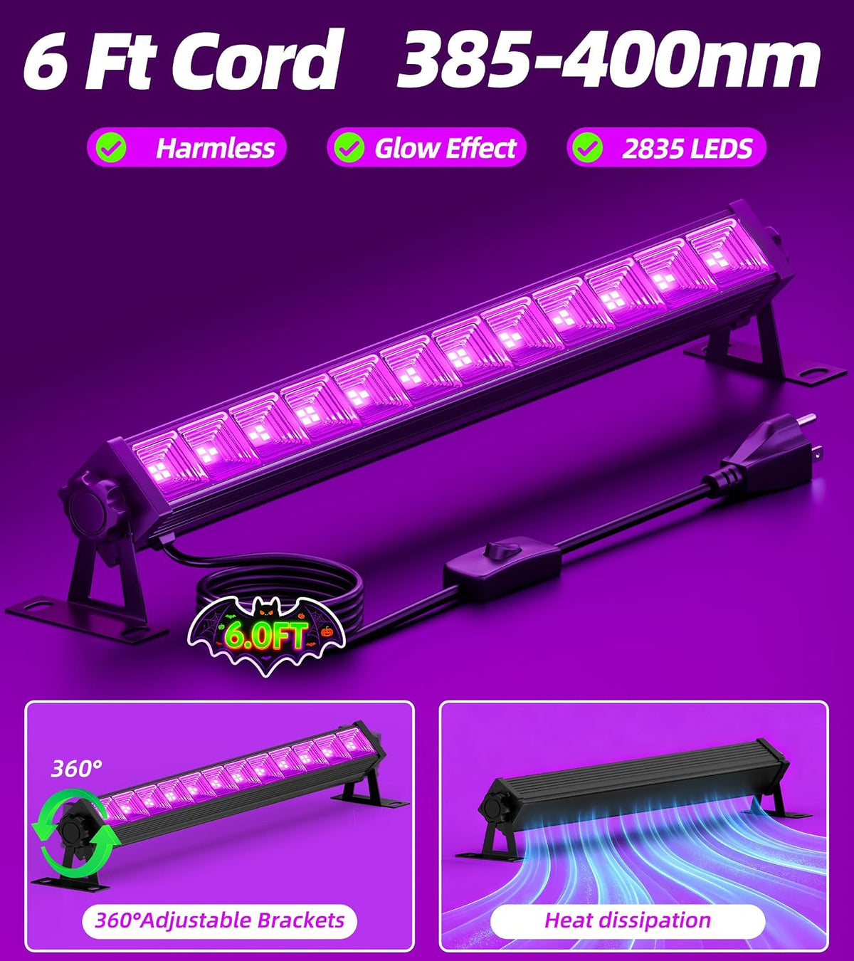 TigQiang 42W 6 Pack Black Light, Halloween Blacklight, Glow Party Supplies