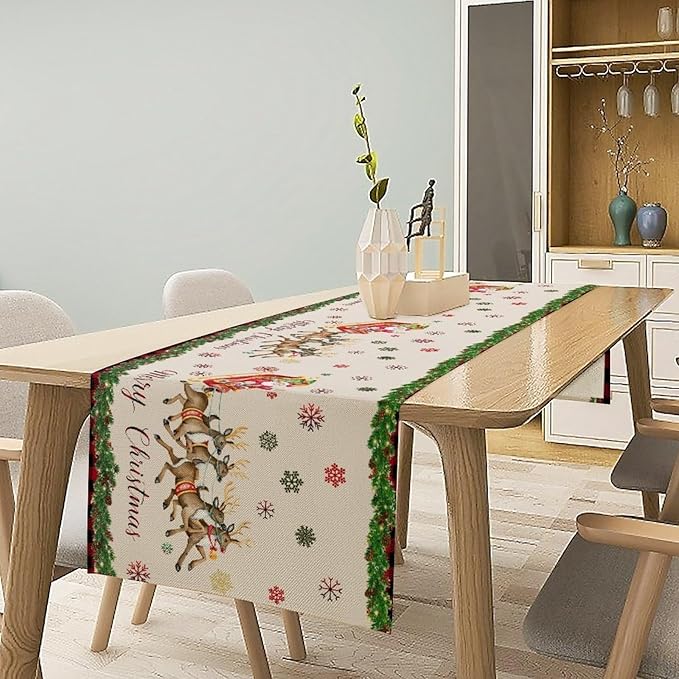 Christmas Table Runner,Xmas Deer Cute Santa Claus Red Plaid Pattern Printed Tablecloth Burlap for Hotel Indoors Outdoor Dining Room Kitchen Home Decor,W13X L80 in