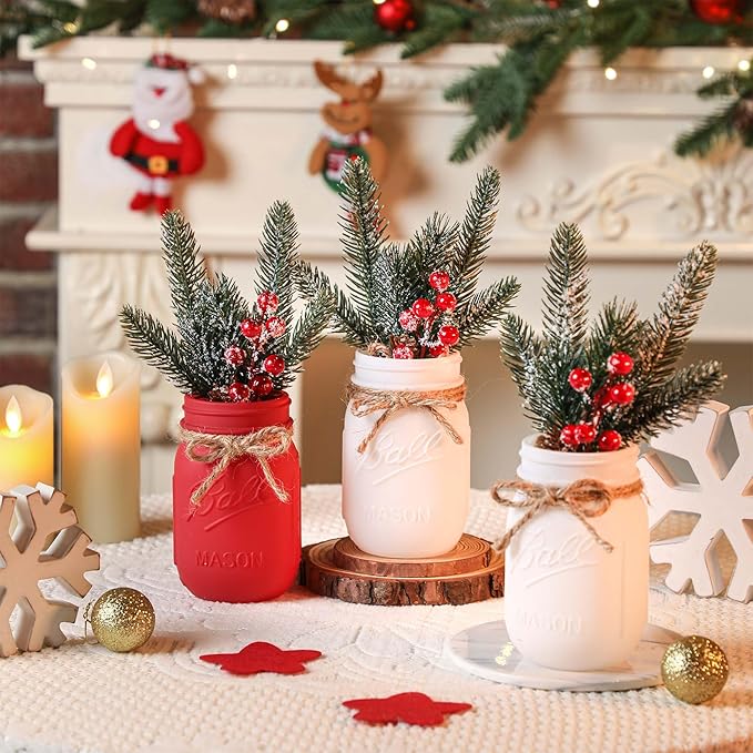 Christmas Mason Jars, Christmas Centerpieces for Tables, Wood Tray & 3 Painted Decorative Jars, Xmas Table Centerpieces Decoration, Farmhouse Dining Table Kitchen Decorations Home Decor